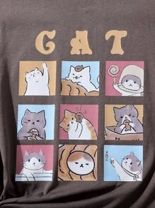 Tween Girl Cà Phê Dễ Thương Lưới Mèo Phong Cách Đường Phố Thoải Mái Cổ Tròn, Cotton - Cà phê nâu - Xem 4