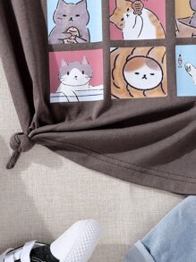 Tween Girl Cà Phê Dễ Thương Lưới Mèo Phong Cách Đường Phố Thoải Mái Cổ Tròn, Cotton - Cà phê nâu - Xem 6