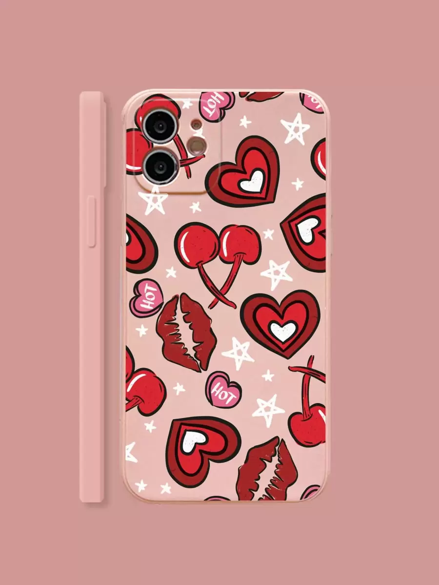 夏季情人節嘴唇心形櫻桃紋手機殼，適用於Iphone 15pro Max 14 13 12 11 Xiaomi Huawei Samsung保護殼 - 彩色 - 查看 1