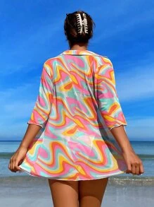 全身印花掛脖三角夏季海灘比基尼套裝（含和服） - 彩色 - 查看 2