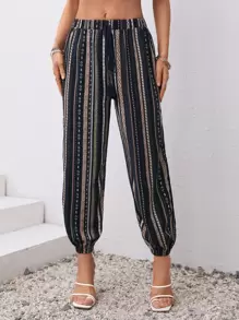 SHEIN VCAY Geo Print Tie Front Carrot Trousers - Multicolor - View 1