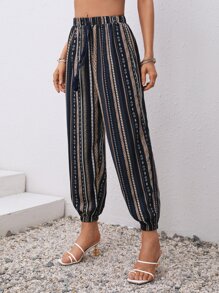 SHEIN VCAY Geo Print Tie Front Carrot Trousers - Multicolor - View 3