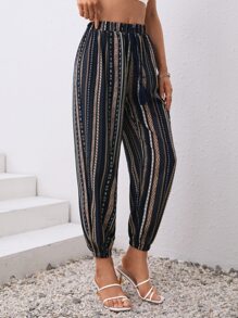 SHEIN VCAY Geo Print Tie Front Carrot Trousers - Multicolor - View 4