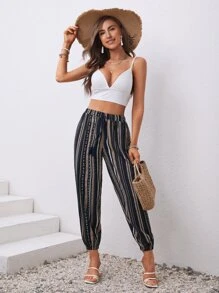 SHEIN VCAY Geo Print Tie Front Carrot Trousers - Multicolor - View 5