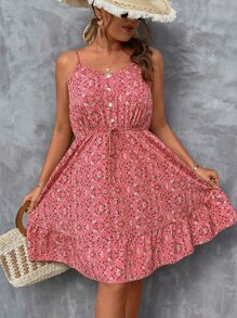 SHEIN VCAY Đầm Plus Size Nút Dây kéo Thắt nút Nút phía trước Họa tiết hoa Boho - Bụi hồng - Xem 3