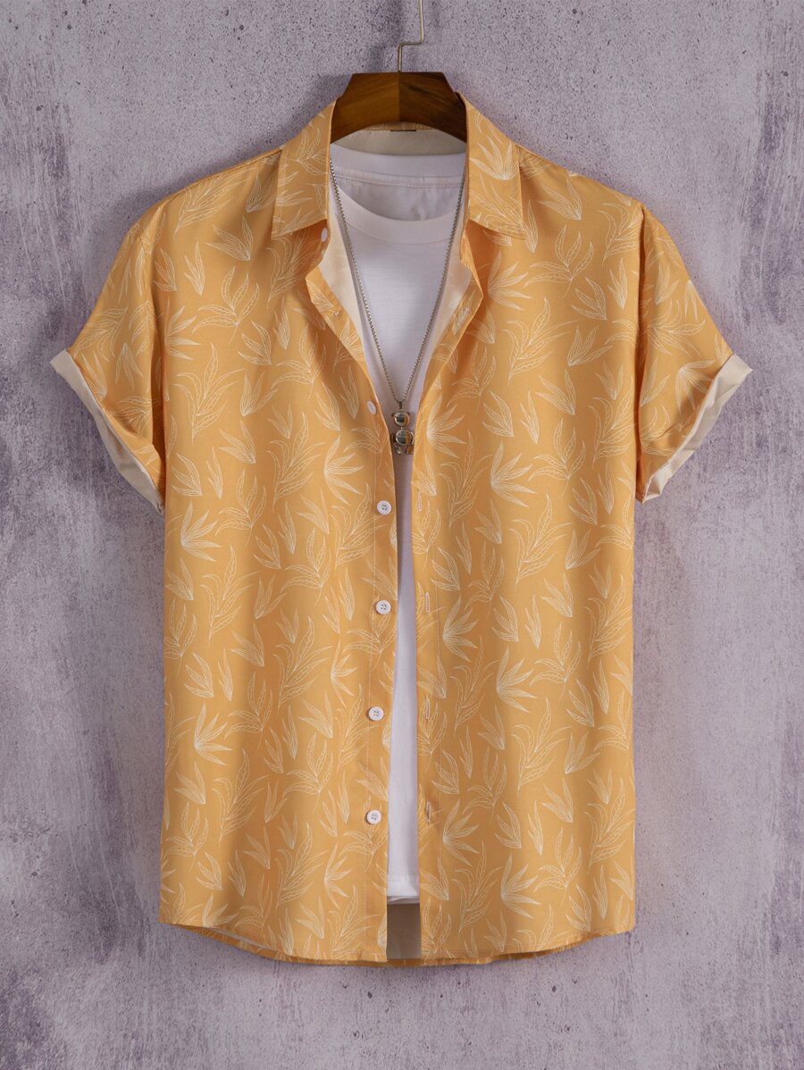 Manfinity Hypemode Men Leaf Print Shirt Without Tee - Mustard Yellow - View 1