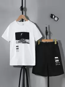 SHEIN Tween Boy Moon Y Letter Graphic Tee & Shorts