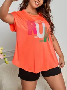 SHEIN Rhythm Era Plus Size Slogan Graphic Batwing Sleeve Sports Tee Gym Women Shirts - Orange - View 4