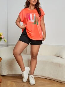 SHEIN Rhythm Era Plus Size Slogan Graphic Batwing Sleeve Sports Tee Gym Women Shirts - Orange - View 5