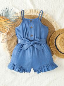 SHEIN Toddler Girls Ruffle Hem Belted Cami Romper - Blue - View 1