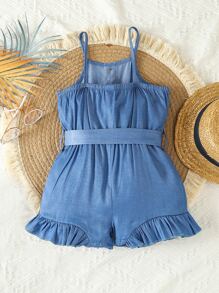 SHEIN Toddler Girls Ruffle Hem Belted Cami Romper - Blue - View 2