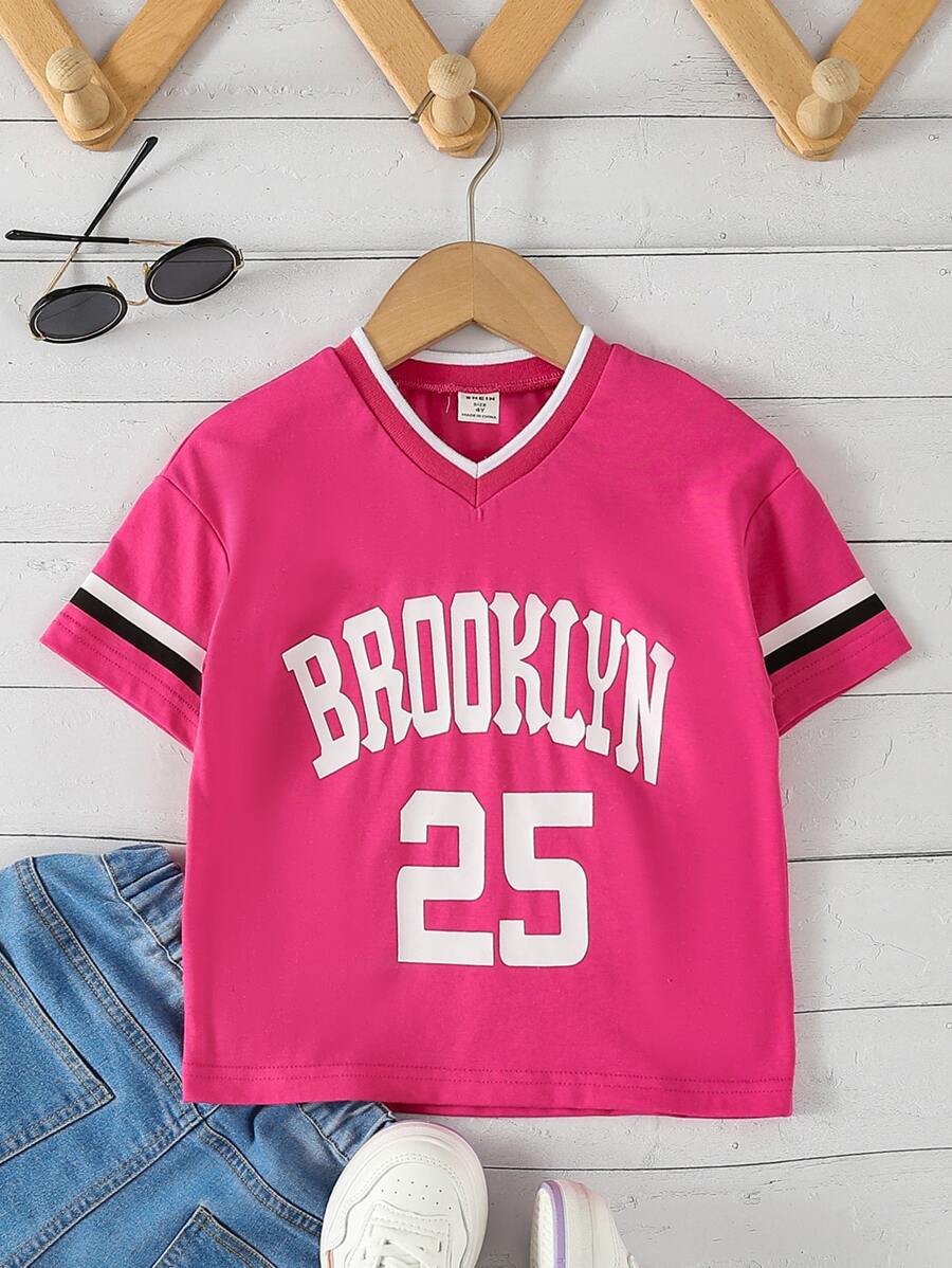 SHEIN Young Girl Letter Graphic Contrast Trim Tee - Hot Pink - View 1