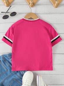 SHEIN Young Girl Letter Graphic Contrast Trim Tee - Hot Pink - View 2