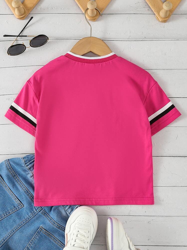 วัยสาว เสื้อยืด กราฟฟิค ตัวอักษร ขอบสีตัด - สีชมพูบานเย็น - ดู 2