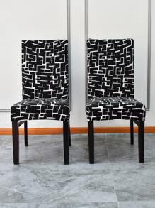 1pc Polyester Dining Chair Slipcover, Geometric Pattern Dining Room Chair Slipcover For Home - Black and White - View 1