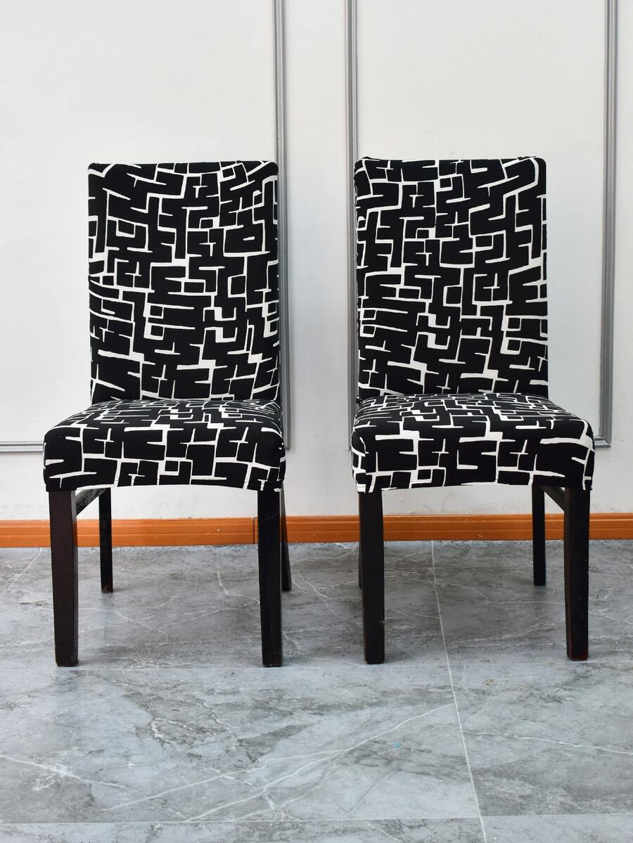 1pc Polyester Dining Chair Slipcover, Geometric Pattern Dining Room Chair Slipcover For Home - Black and White - View 1