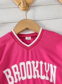 SHEIN Young Girl Letter Graphic Contrast Trim Tee - Hot Pink - View 3