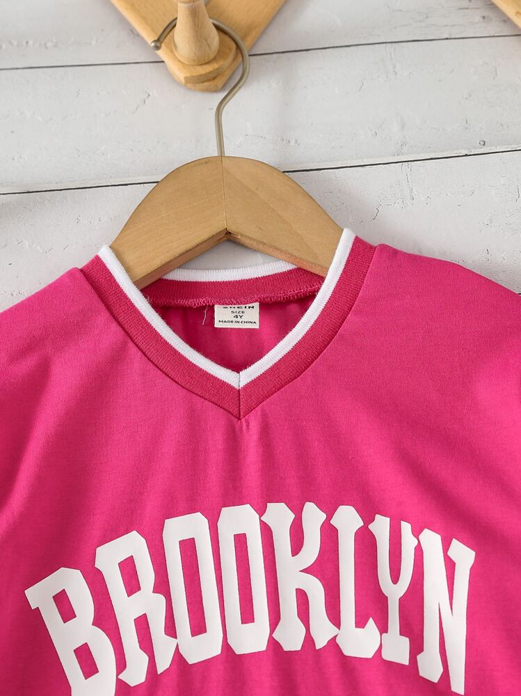 วัยสาว เสื้อยืด กราฟฟิค ตัวอักษร ขอบสีตัด - สีชมพูบานเย็น - ดู 3