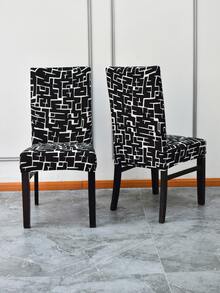 1pc Polyester Dining Chair Slipcover, Geometric Pattern Dining Room Chair Slipcover For Home - Black and White - View 6