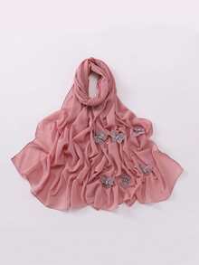 1pc Women's Chiffon Studded Butterfly Scarf, Spring Chiffon Scarf - Pink - View 1