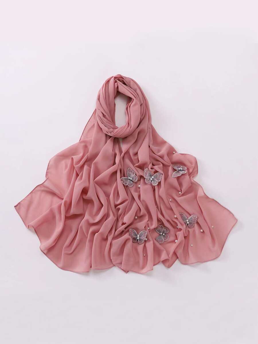 1pc Women's Chiffon Studded Butterfly Scarf, Spring Chiffon Scarf - Pink - View 1