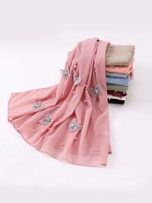 1pc Women's Chiffon Studded Butterfly Scarf, Spring Chiffon Scarf - Pink - View 2