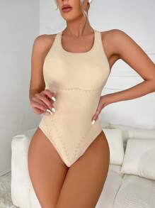 素色連體緊身衣 - 杏色 - 查看 4