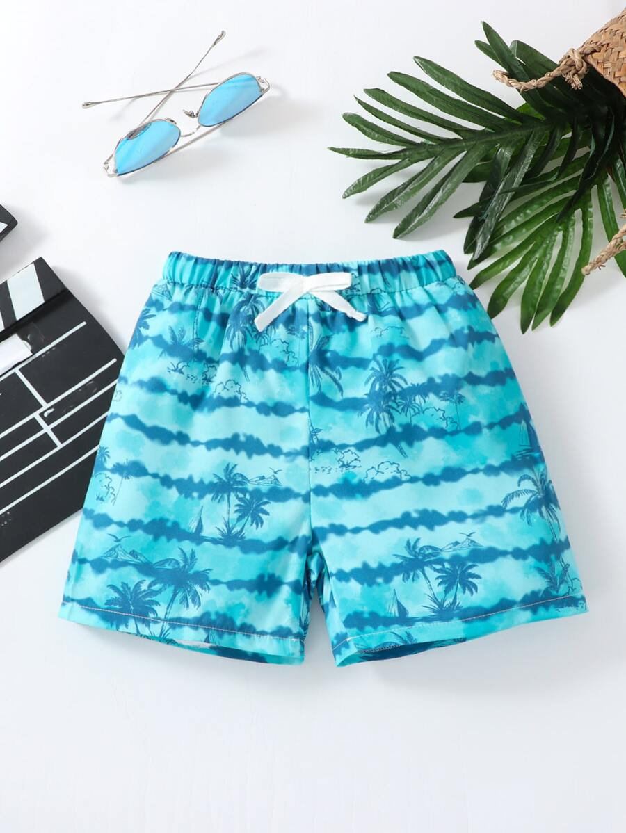 SHEIN 小男童紮染和棕櫚樹印花短褲 - 藍色 - 查看 1