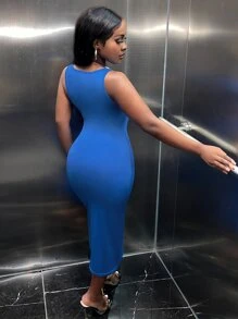 Slaydiva Đầm Bất đối xứng Con số In hoa Báo Thanh lịch - Màu xanh lam - Xem 2