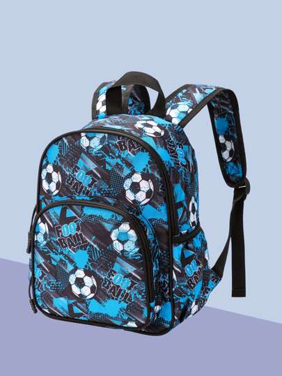 12,5 tum/32 cm Fashionabla ryggsäck för pojkar och flickor, perfekt för dagis och dagis, justerbar axelrem för småbarn, perfekt för skolan och fritidskläder, blått fotbollstryck i koreansk stil