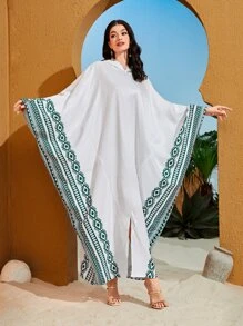 Al Najma Geo Print Batwing Sleeve Split Hem Dress - White - View 1