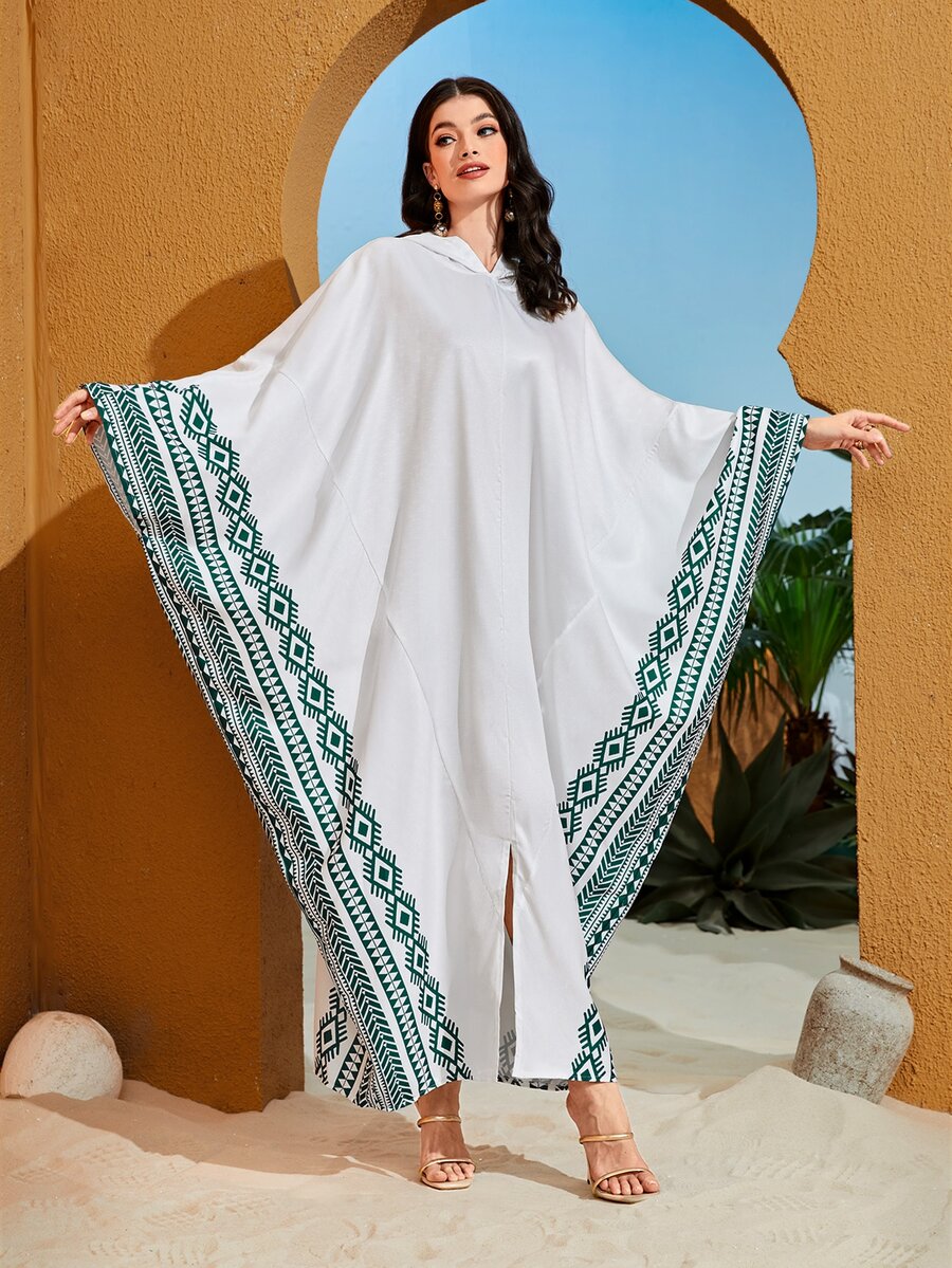 Al Najma Geo Print Batwing Sleeve Split Hem Dress - White - View 1