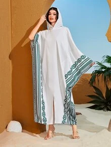 Al Najma Geo Print Batwing Sleeve Split Hem Dress - White - View 5