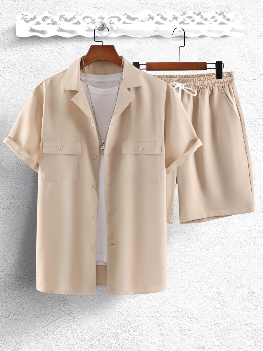 Manfinity Homme Men 1pc Flap Pocket Shirt & 1pc Drawstring Waist Shorts - Apricot - View 1