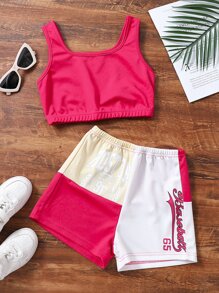 Girls Solid Tank Top & Letter Graphic Shorts - Multicolor - View 1