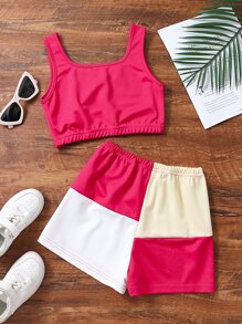 Girls Solid Tank Top & Letter Graphic Shorts - Multicolor - View 2