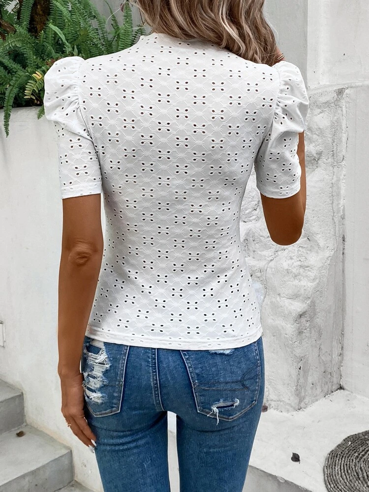 Eyelet Embroidery Puff Sleeve Mock Neck Tee