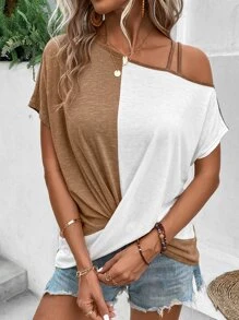 SHEIN LUNE 雙色不對稱領扭結下擺T恤 - 彩色 - 查看 1