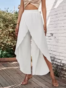 SHEIN LUNE Solid Tulip Hem Wide Leg Trousers - White - View 1