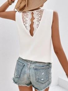 SHEIN VCAY Contrast Lace Cut Out Back Sleeveless Blouse - White - View 1