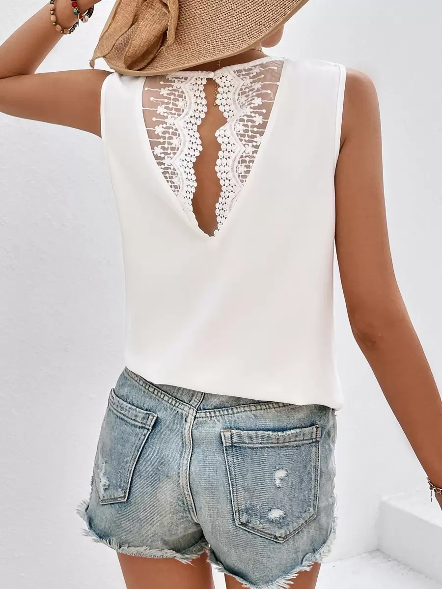 SHEIN VCAY Contrast Lace Cut Out Back Sleeveless Blouse - White - View 1