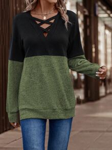 SHEIN LUNE Two Tone Criss Cross Front Drop Shoulder Sweatshirt - Army Green - View 4