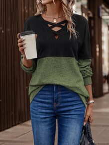 SHEIN LUNE Two Tone Criss Cross Front Drop Shoulder Sweatshirt - Army Green - View 5