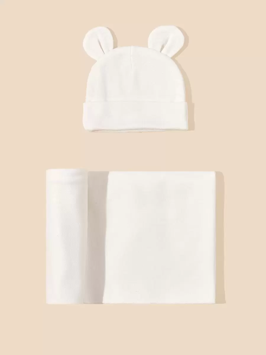 1 件婴儿纯色襁褓毯和 1 件情人节爱心帽子 - 白色 - 查看 1
