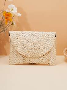 Minimalist Flap Straw Bag - Beige - View 1