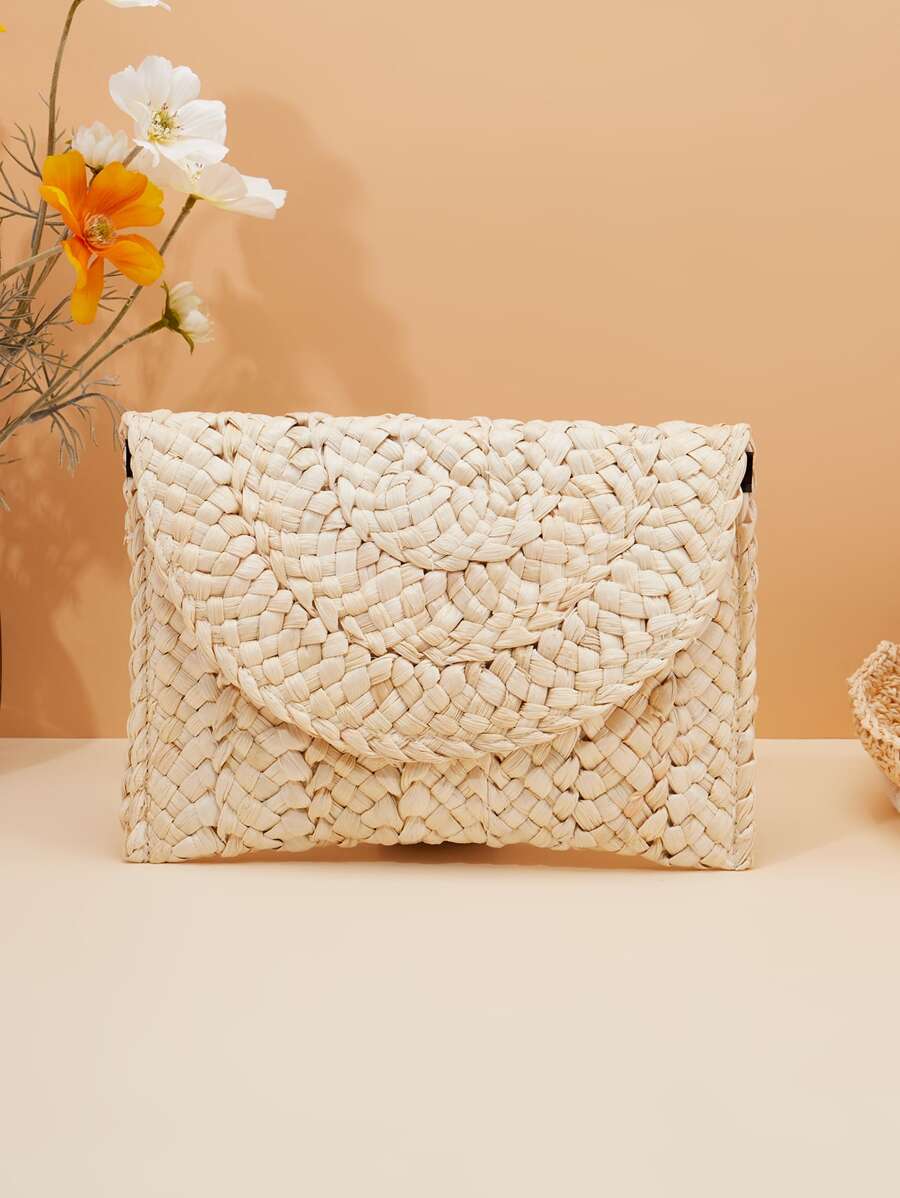 Minimalist Flap Straw Bag - Beige - View 1