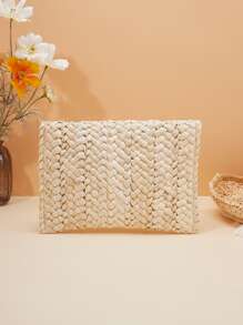 Minimalist Flap Straw Bag - Beige - View 5