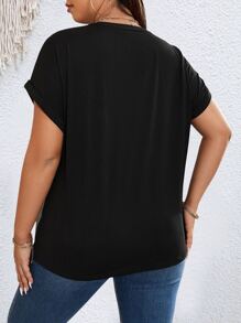 SHEIN LUNE Camiseta de dos tonos con diseño de botón de manga murciélago bajo asimétrico - verde menta - Ver 2