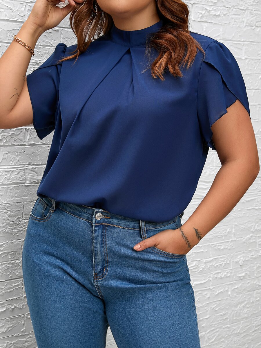 SHEIN Privé Plus Mock Neck Petal Sleeve Plicated Detail Blouse - Royal Blue - View 1