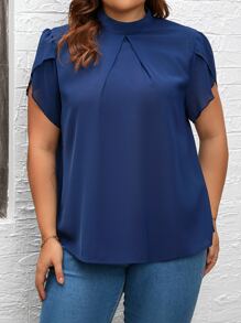 SHEIN Privé Plus Mock Neck Petal Sleeve Plicated Detail Blouse - Royal Blue - View 3